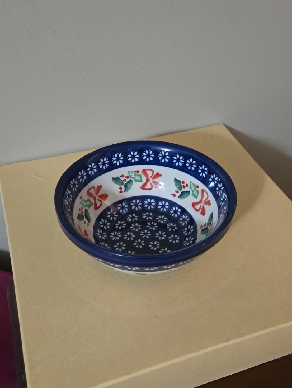 Polish Pottery Boleslawiec Hand-Painted Ceramic Bowl in Blue, White, Red & Green